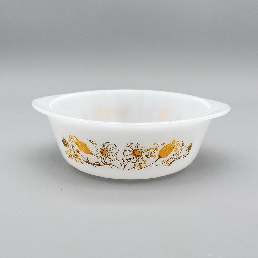 Vintage Glasbake J510 1Qt Handled White Milk Glass Bowl Brown Yellow Flowers